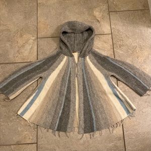 Free People Beach Poncho Gray Blue Cream Striped Fringe Hooded Jacket Sweater XS
